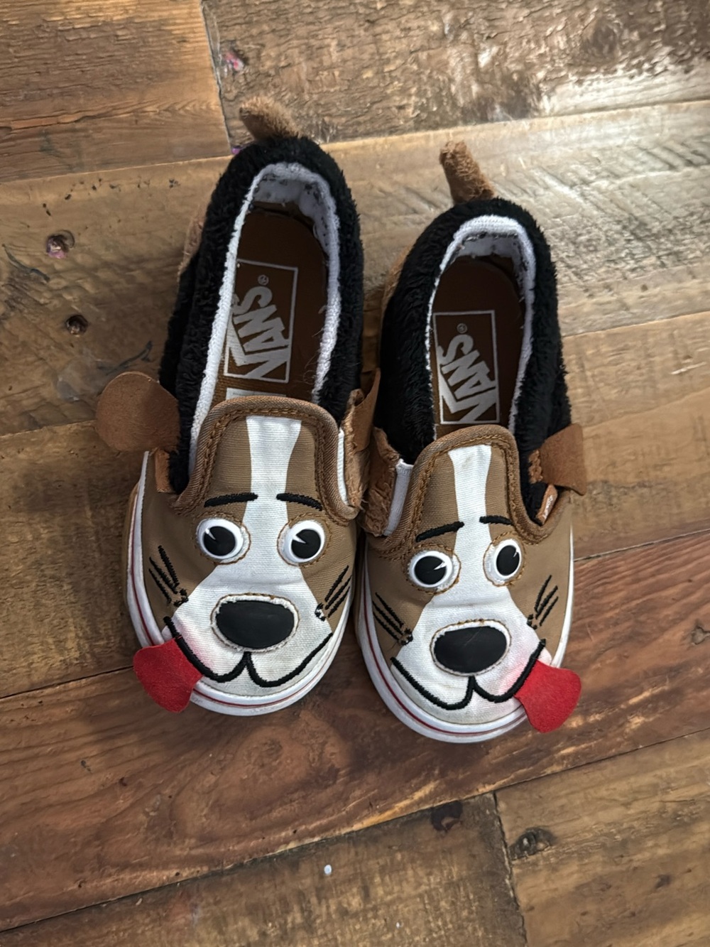 Vans Brown White Kids Dog Slip-On Sneakers 8